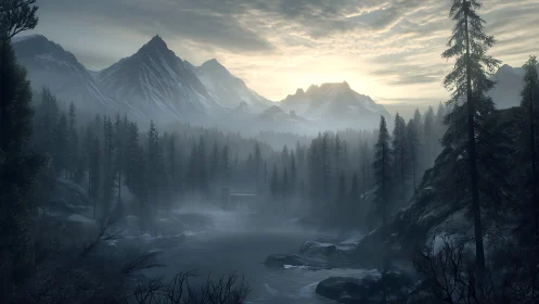 Mist-draped valley river under brooding alpine dawn glow.