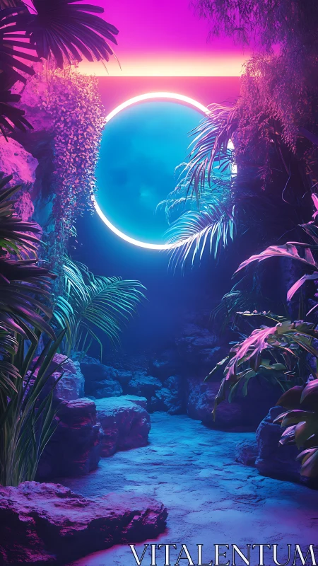Neon ring portal illuminates synthetic jungle ravine with volumetric glow