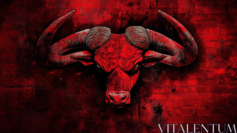 Bull head illustration dominates textured red abstract wall