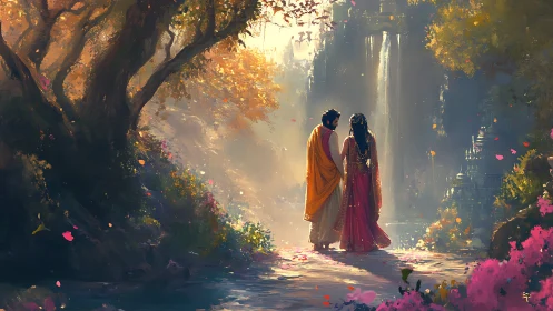 Lovers stand beneath golden forest canopy by waterfall.
