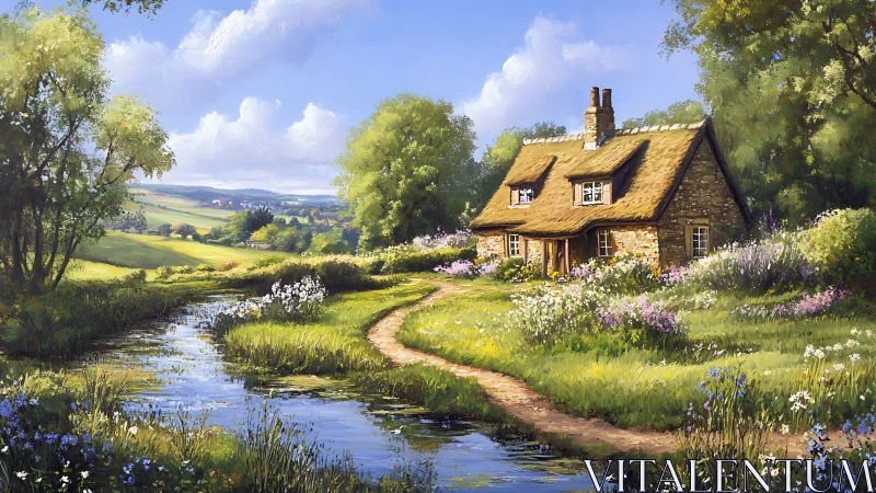 Sunlit country cottage stands beside winding reflective stream