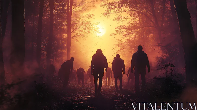 Backlit silhouettes of walkers advance through a burning forest