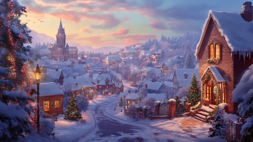 Snow-laden village street displays layered Christmas lighting design