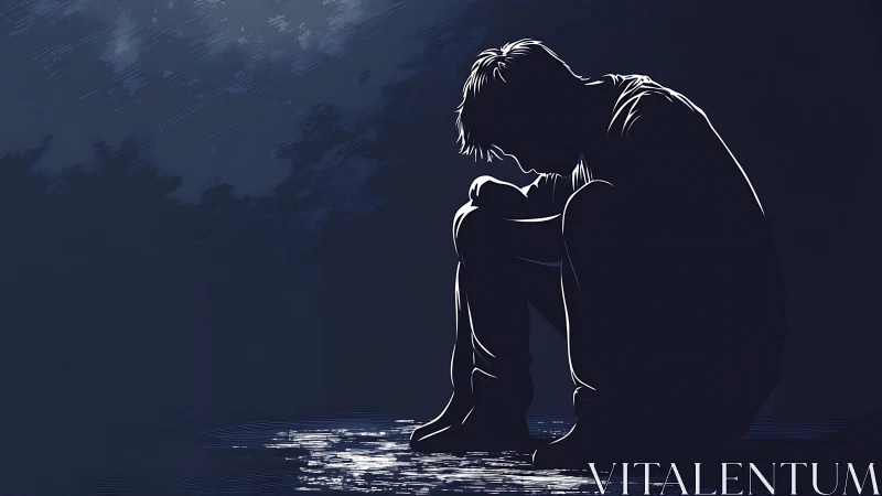 Moonlit silhouette of solitude cradling quiet inner storms.