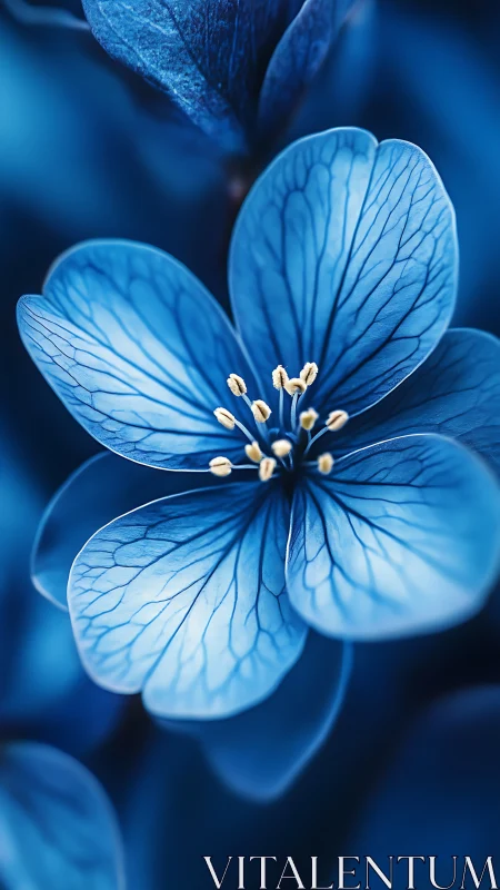 Delicate blue flower with intricate vein details in soft focus.