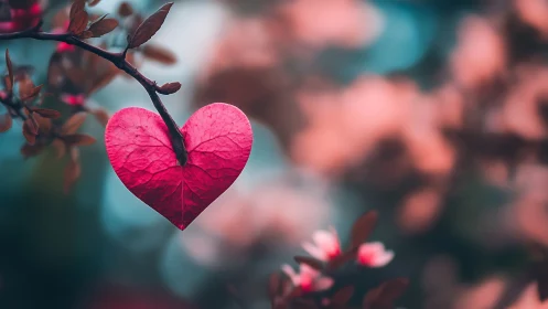 Crimson Heart Leaf Dangles Against Misty Teal Dreams