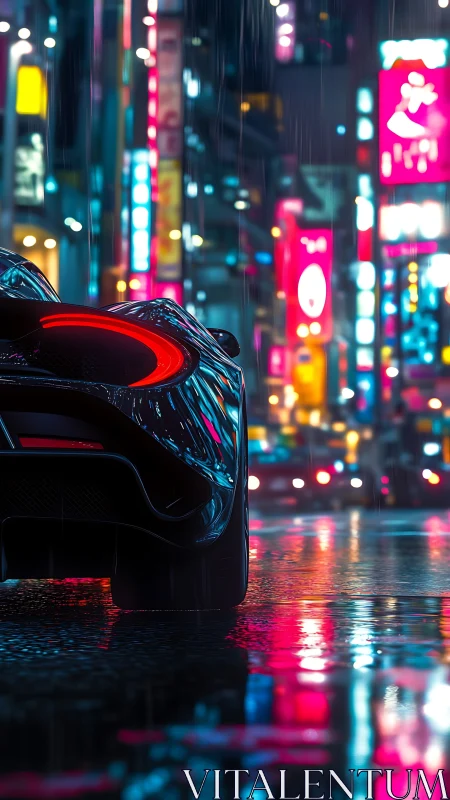 Midnight supercar paused in neon soaked city streets.
