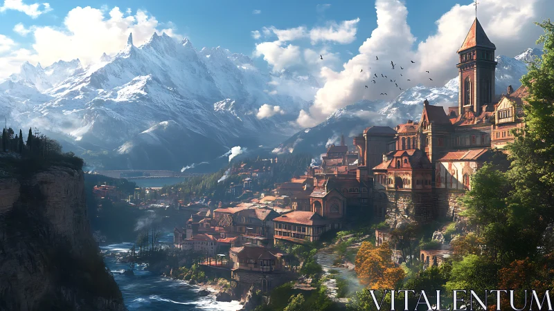 Mountain valley city with river, towers and snow peaks.