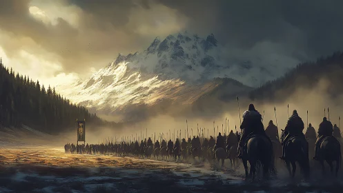 Mounted column advances through misted alpine valley at dawn