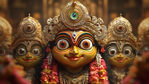 Gilded deity masks with stylized eyes in ceremonial garlands.