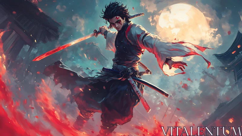 Flaming moonlit samurai warrior in dynamic battle stance.