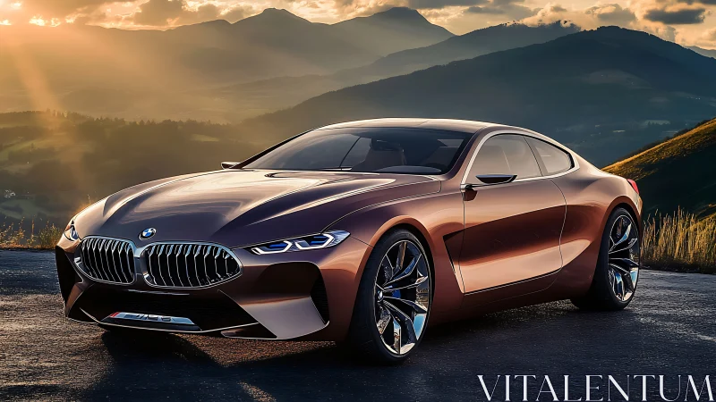 Sunlit copper BMW coupe concept on winding mountain pass.
