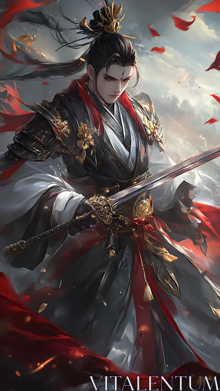 Storm-lit warrior prince steadies his blade in crimson winds