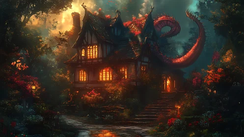 Cottage in dense forest wrapped by glowing red dragon.
