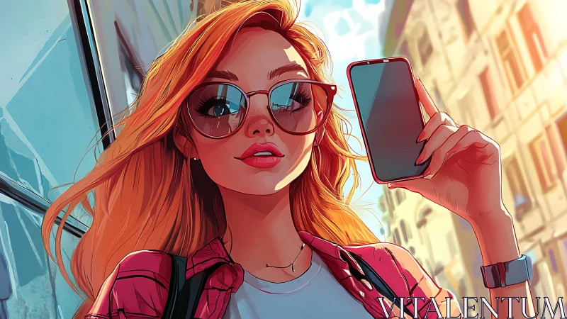 Urban redhead influencer holds smartphone in golden light.