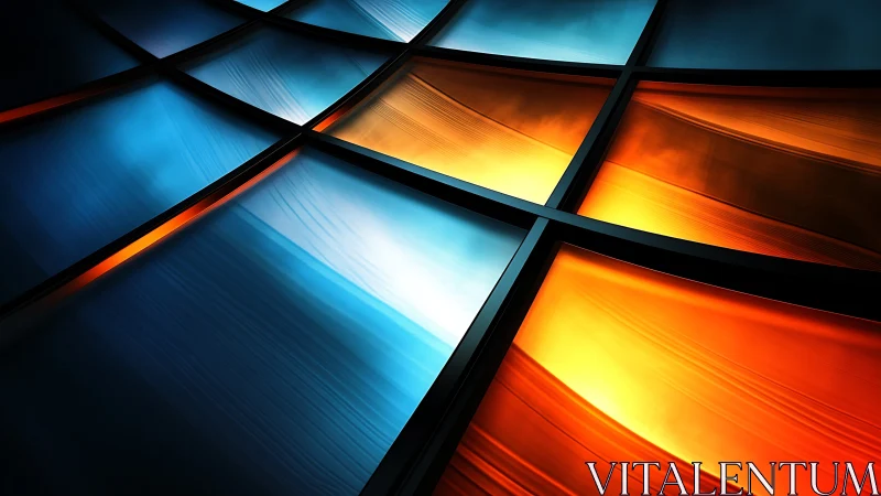 Curved glass grid with blue and orange illuminated panels.