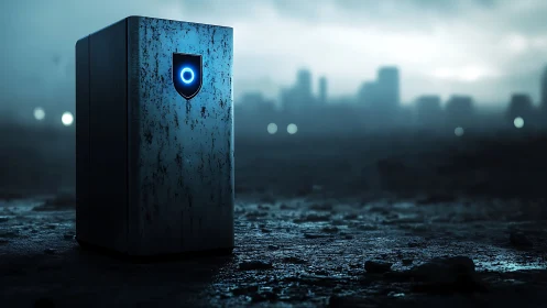 Monolithic security server glowing in foggy cyber skyline.