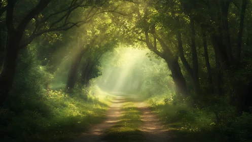 Sunlit Forest Path with Lush Greenery in Dreamy Morning Light.