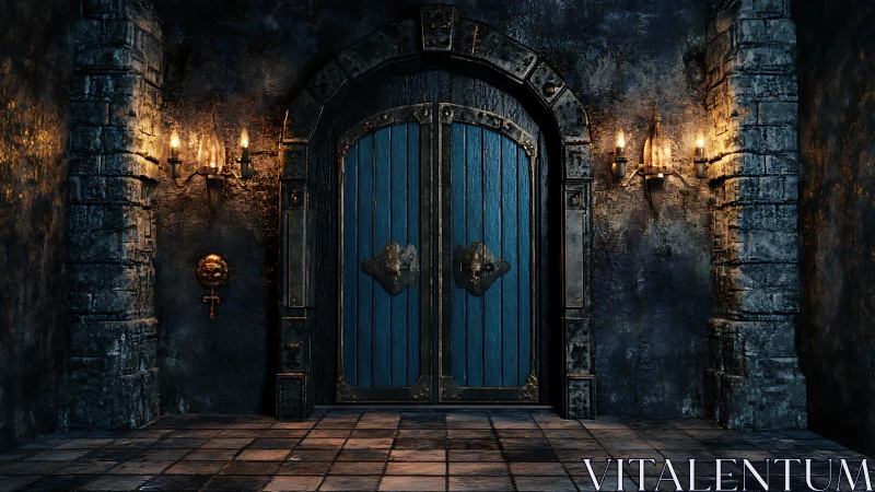 Medieval stone corridor with blue reinforced door and torch lighting