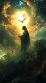 Messianic figure under celestial vortex with radiant doves.