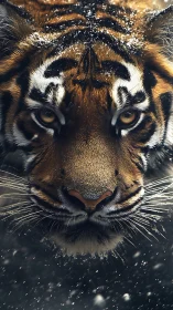 Extreme close-up winter portrait of tiger face with snow