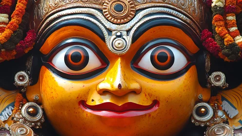 Vivid close-up of ornate painted deity mask displays sculpted gaze