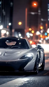 White supercar stands on illuminated city street at night