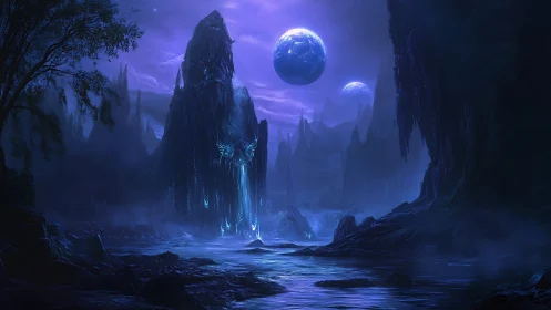 Midnight worlds drift above a glowing crystal waterfall