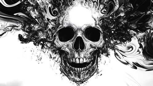 Monochrome fluid skull composition with abstract ink dispersion.