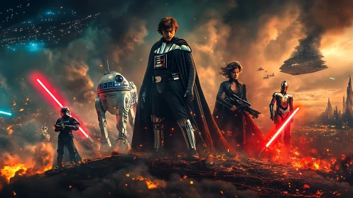 Epic sci fi battle tableau with armored heroes and droids.