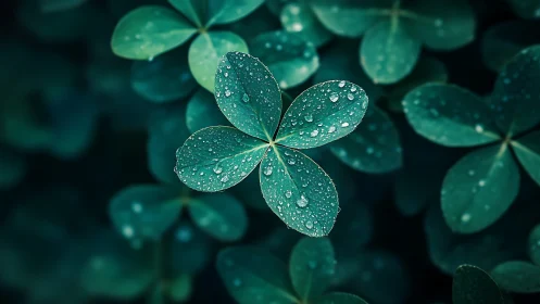 Macro view of clover leaves with water droplets after rain.