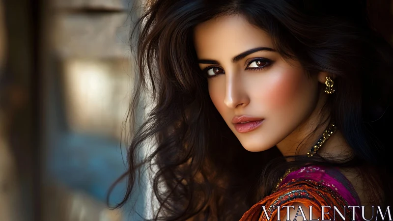 Gaze of firelit elegance in richly colored portrait. Period.