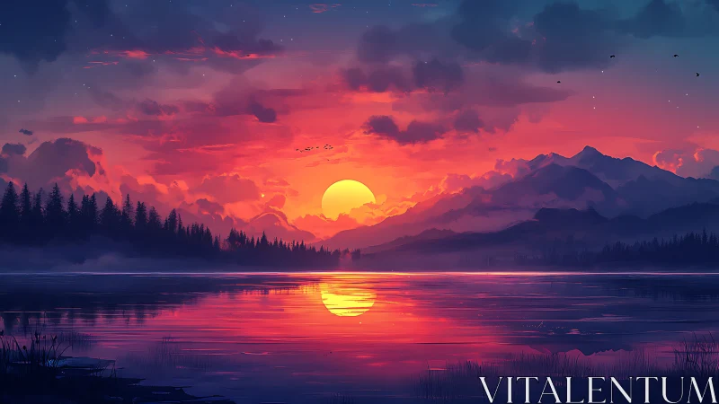 Sunset illuminates misty mountains above a mirrored lake.