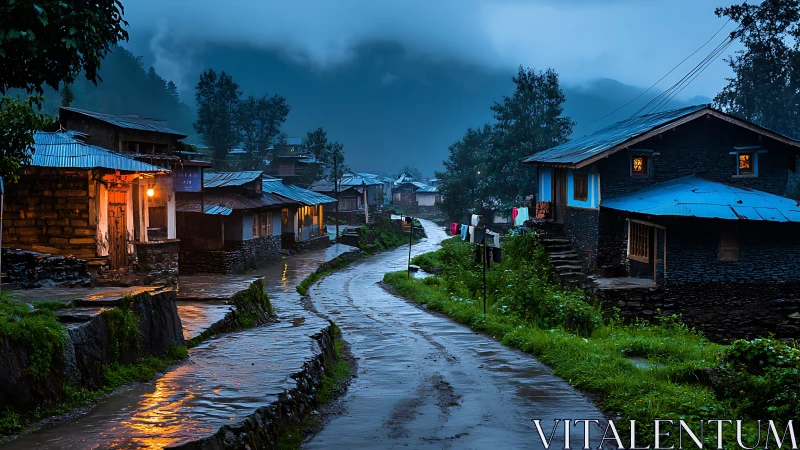 Wet village road at dusk with lit houses and misty hills.