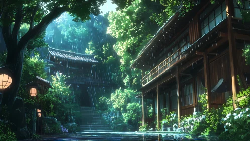 Rain-soaked Japanese inn courtyard in lush summer light.