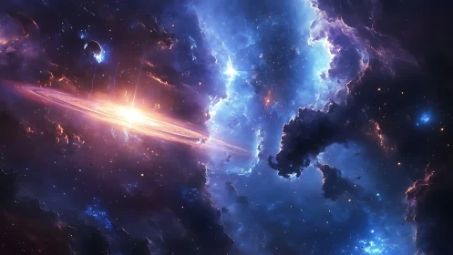 Bright galactic disk glowing inside dense blue nebula clouds.