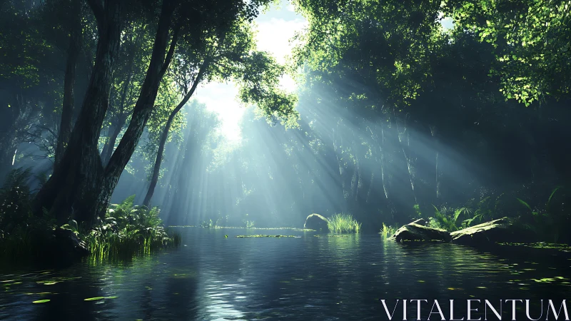 Sunlit forest river where morning light finds quiet water.