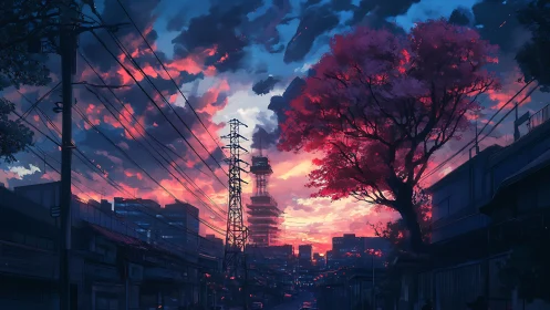 Urban street skyline under vivid sunset sky period.