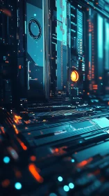 Futuristic server core glows with teal and orange circuits.