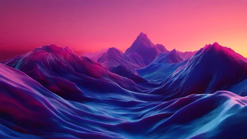 Neon lit digital mountains extend under a vivid gradient sky