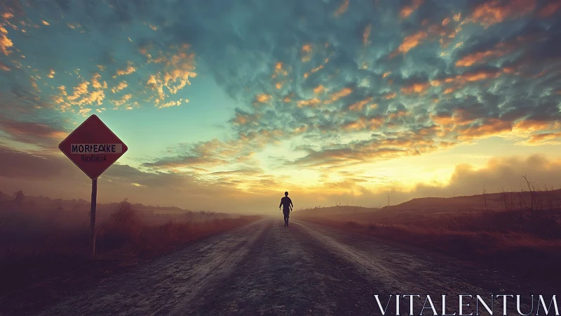 Lone traveler walks misty road under burning dawn sky.