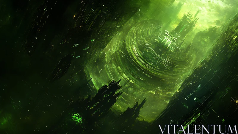 Cyberpunk ringed megastructure in irradiated vertical cityscape.