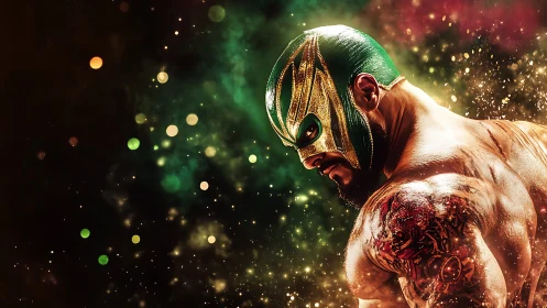 Masked wrestler turns in shimmering light, ready to strike