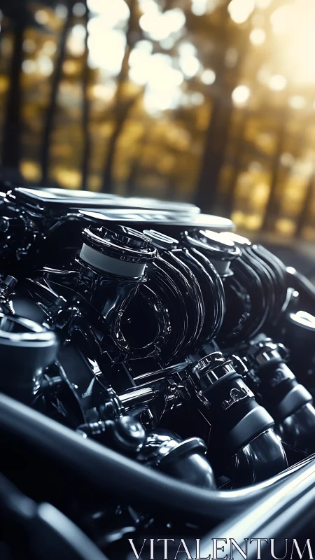 Engine components are shown in close-up against blurred trees