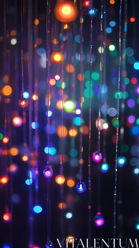 Hanging bokeh lights with glowing orbs in dark space.