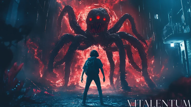 Cyberpunk alley standoff with colossal red void-spider entity.
