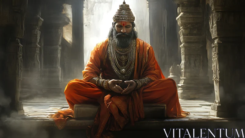 Silent saffron monarch folds power into temple stillness