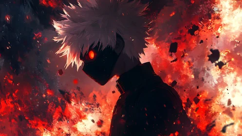 Masked white haired figure amid red explosive background.