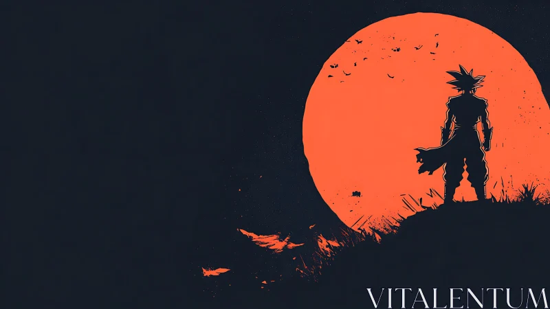 Lone anime warrior broods beneath a blazing crimson moon.