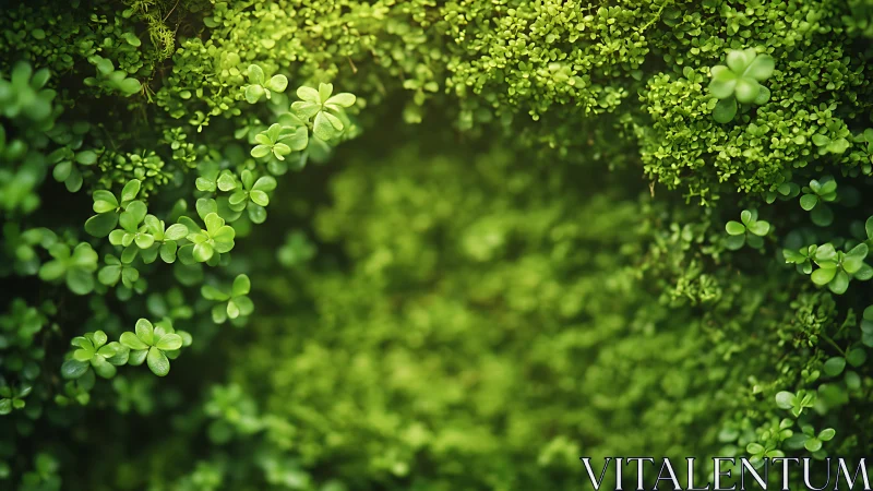 Mossy clover curtain cradling a luminous forest hollow.
